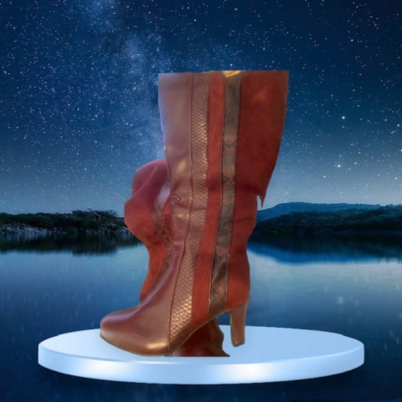 SEXY US  women's Ashley Stewart's KNEE HIGH 8W WIDE burgundy animal print boots - Picture 2 of 15